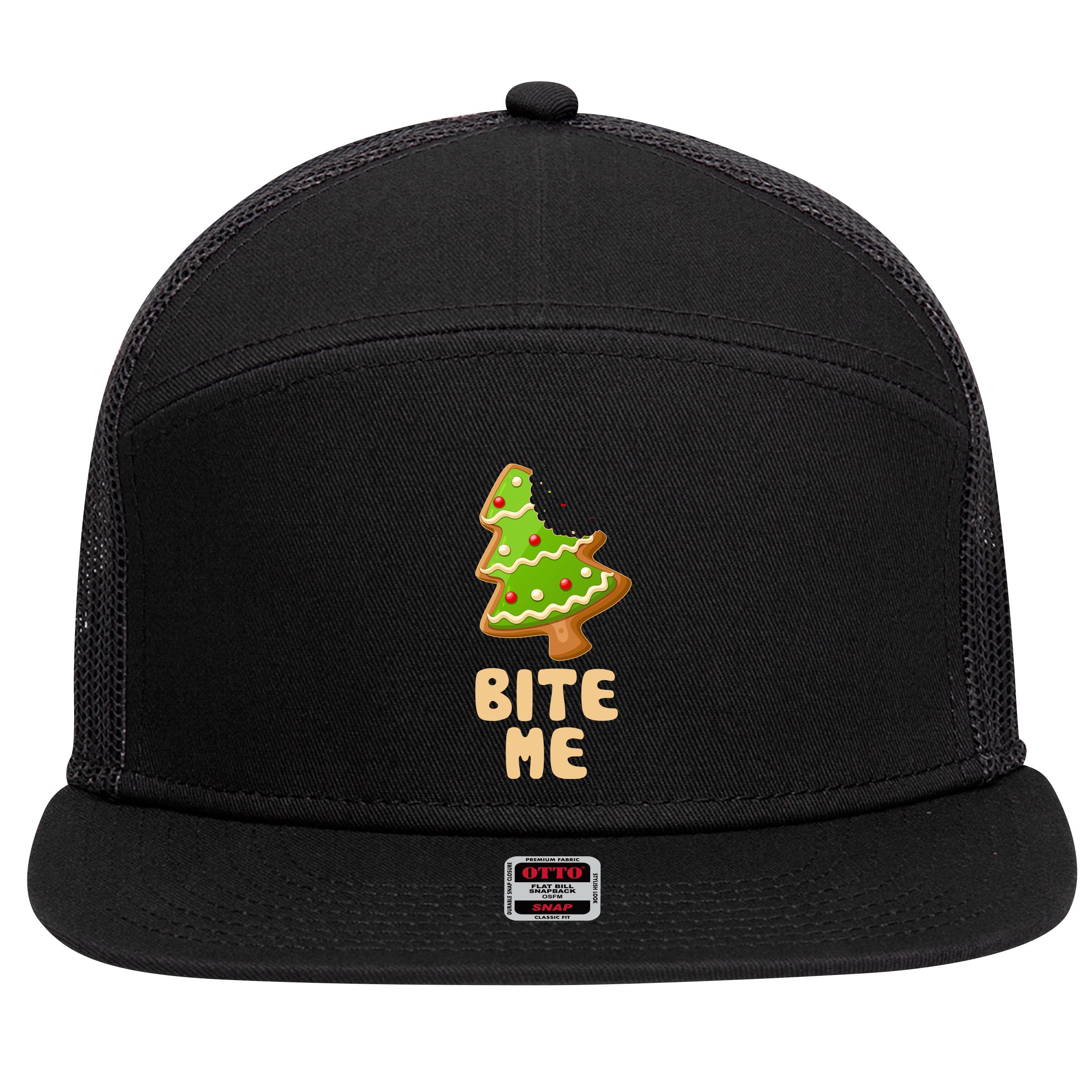 Funny Christmas Cookie Bite Me 7 Panel Mesh Trucker Snapback Hat