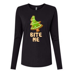 Funny Christmas Cookie Bite Me Womens Cotton Relaxed Long Sleeve T-Shirt