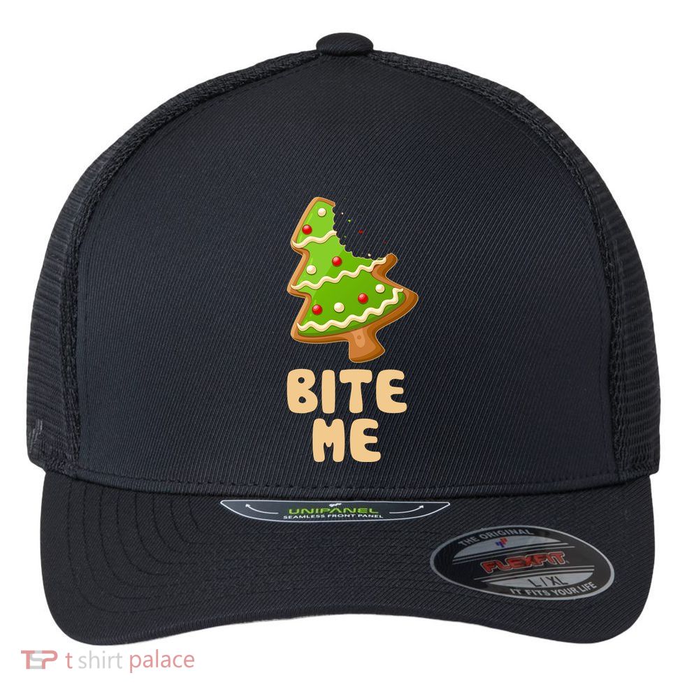 Funny Christmas Cookie Bite Me Flexfit Unipanel Trucker Cap
