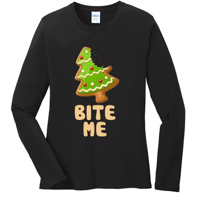 Funny Christmas Cookie Bite Me Ladies Long Sleeve Shirt