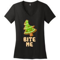Funny Christmas Cookie Bite Me Women's V-Neck T-Shirt