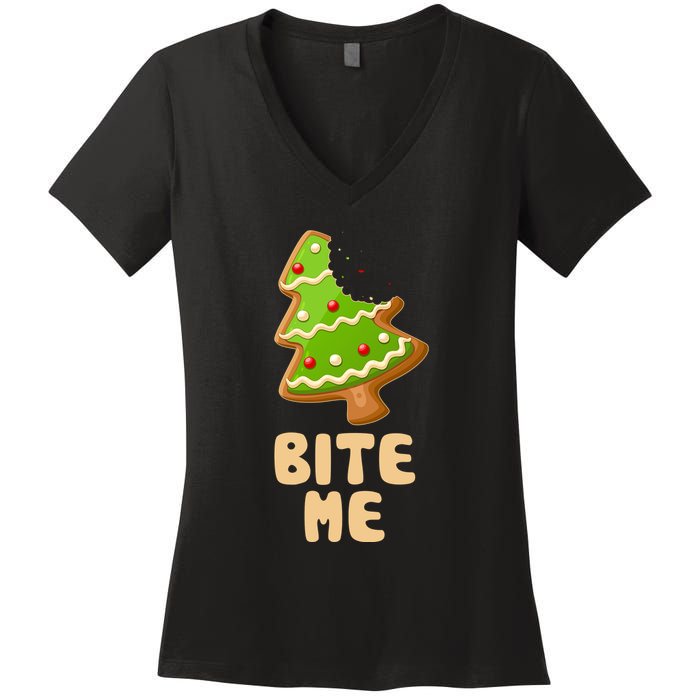 Funny Christmas Cookie Bite Me Women's V-Neck T-Shirt