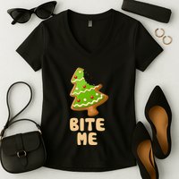 Funny Christmas Cookie Bite Me Women's V-Neck T-Shirt