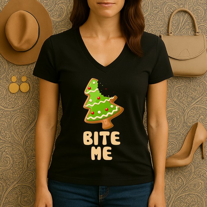 Funny Christmas Cookie Bite Me Women's V-Neck T-Shirt