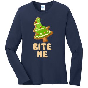 Funny Christmas Cookie Bite Me Ladies Long Sleeve Shirt