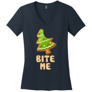 Funny Christmas Cookie Bite Me Women's V-Neck T-Shirt