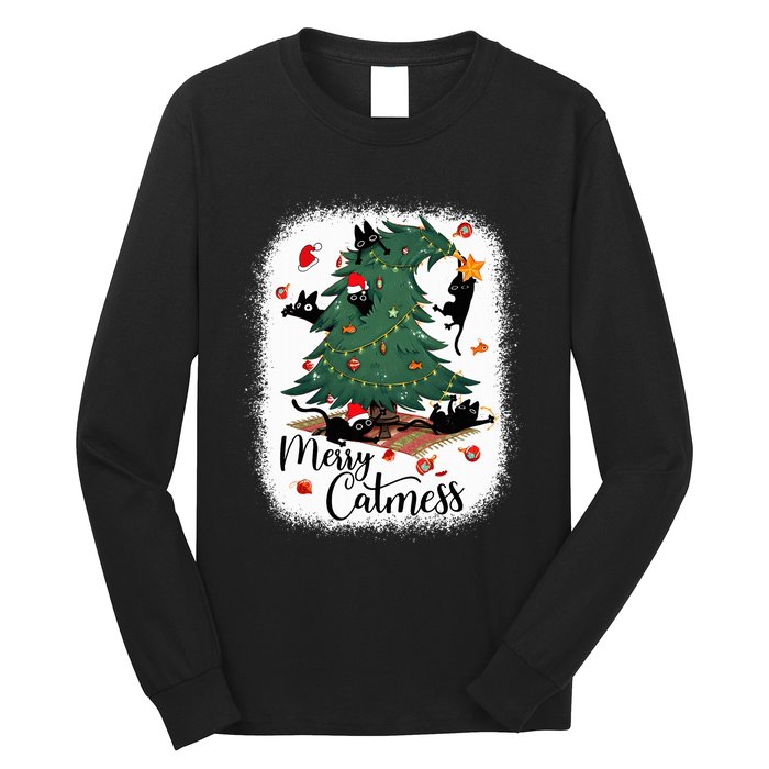 Funny Cats Christmas Tree Merry Catmess Black Cat Kittens Long Sleeve Shirt