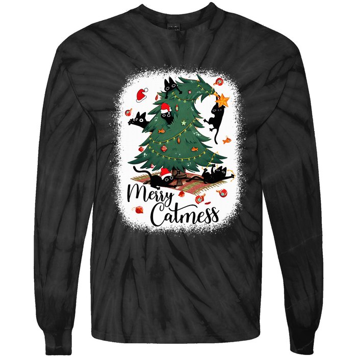 Funny Cats Christmas Tree Merry Catmess Black Cat Kittens Tie-Dye Long Sleeve Shirt