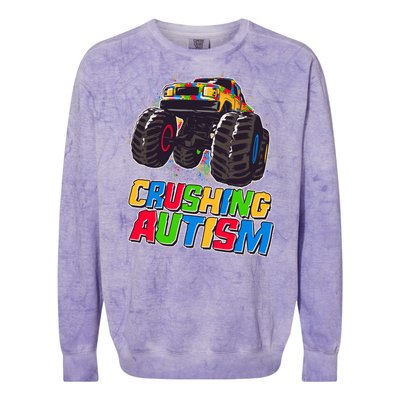 Funny Cool Crushing Autism Puzzle Piece Monster Truck Colorblast Crewneck Sweatshirt