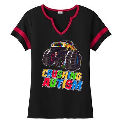 Funny Cool Crushing Autism Puzzle Piece Monster Truck Ladies Halftime Notch Neck Tee