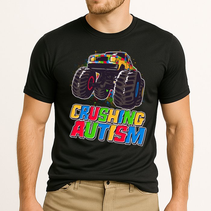 Funny Cool Crushing Autism Puzzle Piece Monster Truck Cooling Performance Crew T-Shirt
