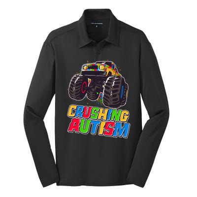 Funny Cool Crushing Autism Puzzle Piece Monster Truck Silk Touch Performance Long Sleeve Polo