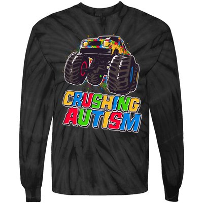 Funny Cool Crushing Autism Puzzle Piece Monster Truck Tie-Dye Long Sleeve Shirt