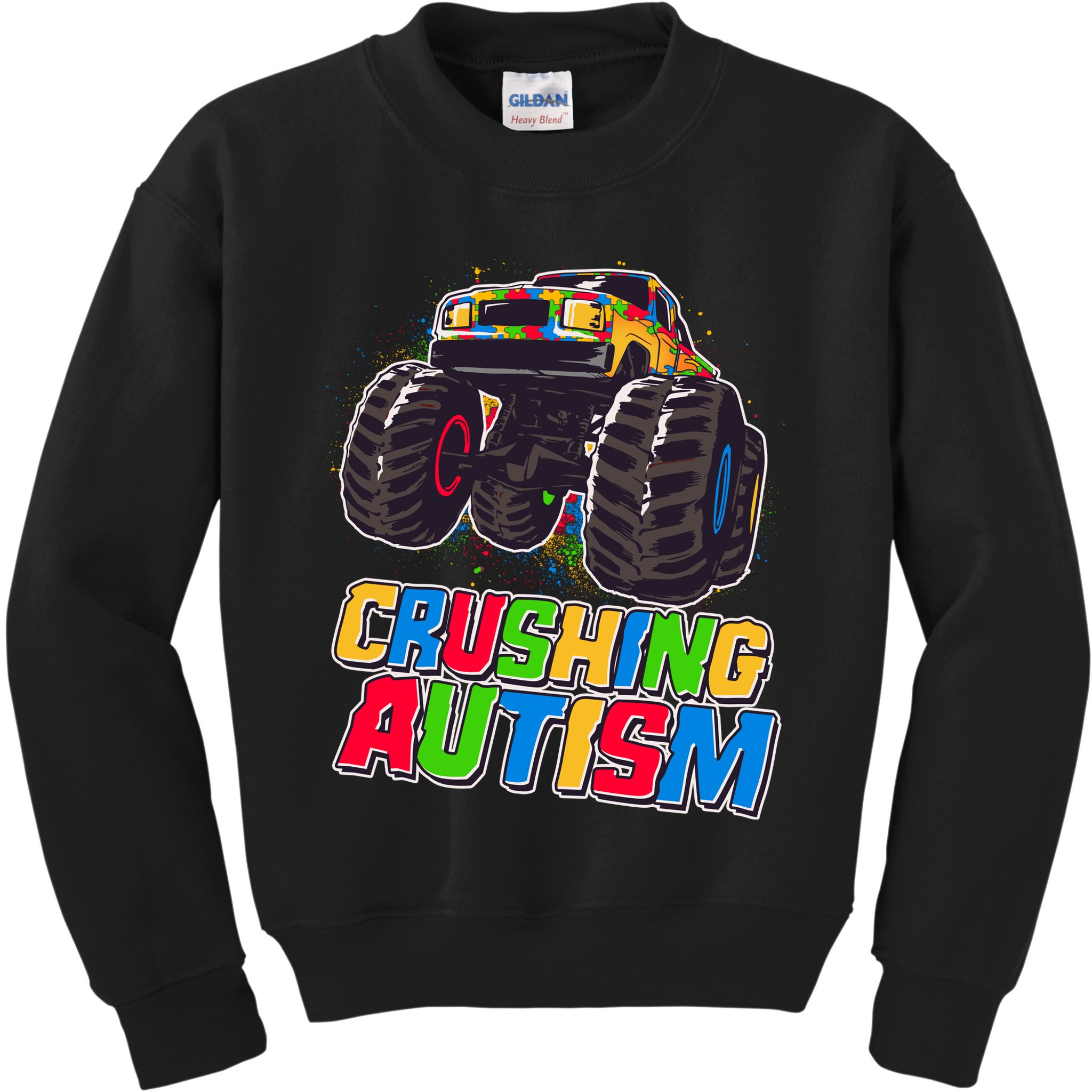 Funny Cool Crushing Autism Puzzle Piece Monster Truck Kids Sweatshirt