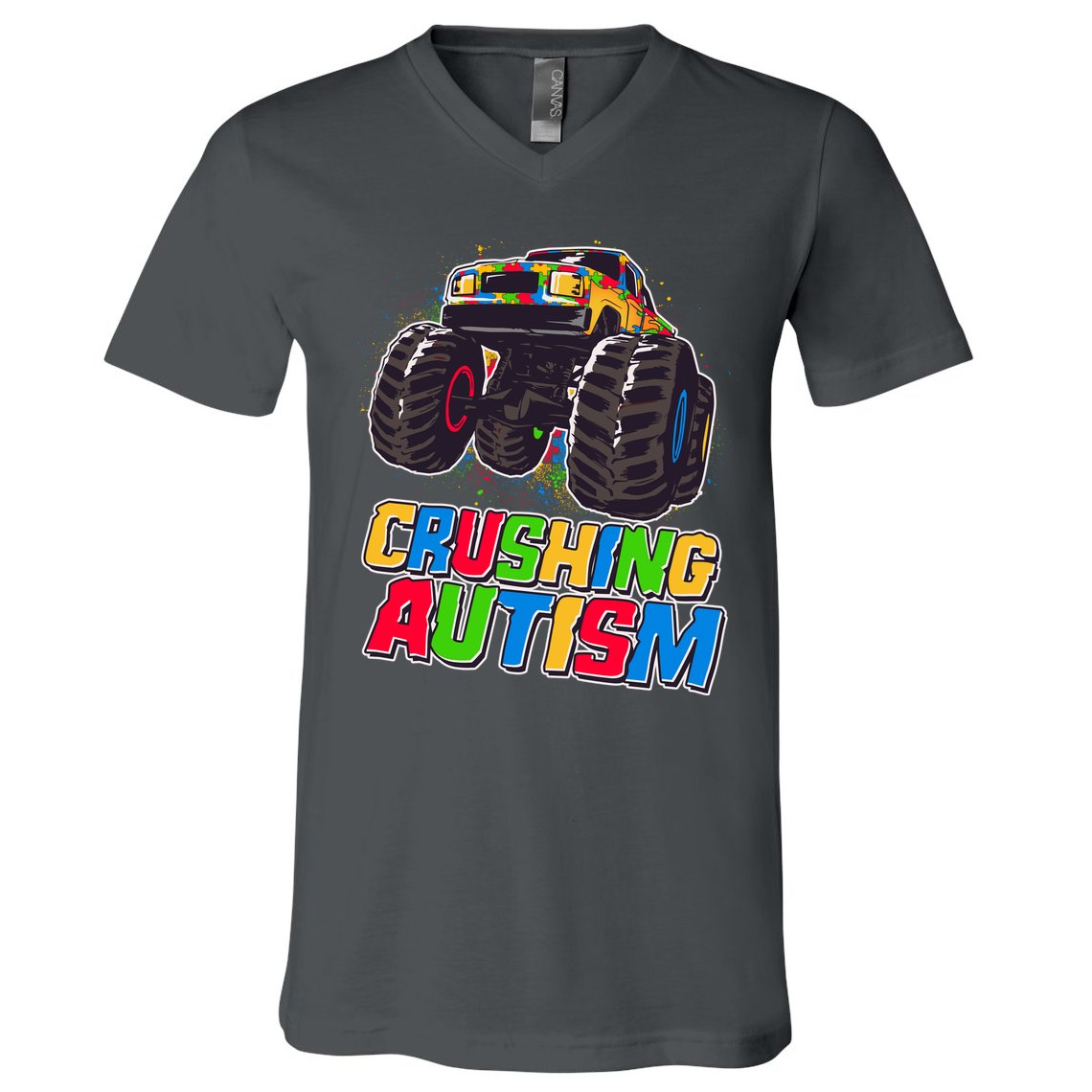 Funny Cool Crushing Autism Puzzle Piece Monster Truck V-Neck T-Shirt