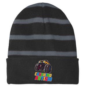 Funny Cool Crushing Autism Puzzle Piece Monster Truck Striped Beanie with Solid Band