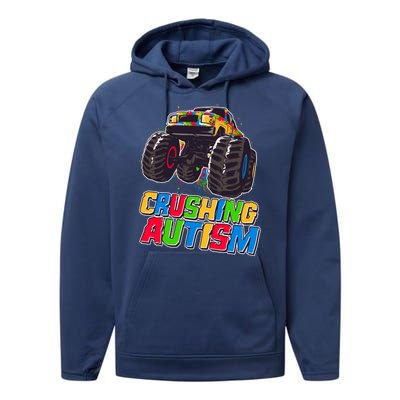 Funny Cool Crushing Autism Puzzle Piece Monster Truck Performance Fleece Hoodie