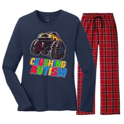 Funny Cool Crushing Autism Puzzle Piece Monster Truck Women's Long Sleeve Flannel Pajama Set 