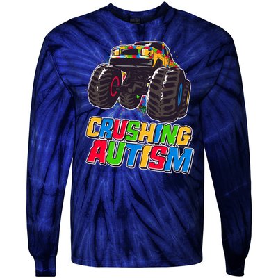 Funny Cool Crushing Autism Puzzle Piece Monster Truck Tie-Dye Long Sleeve Shirt