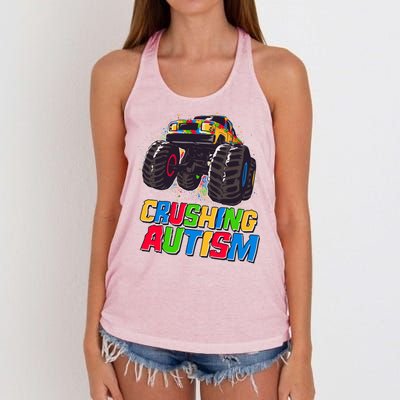 Funny Cool Crushing Autism Puzzle Piece Monster Truck Women's Knotted Racerback Tank