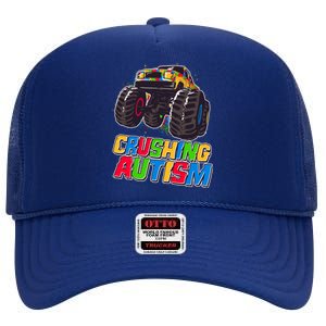 Funny Cool Crushing Autism Puzzle Piece Monster Truck High Crown Mesh Back Trucker Hat