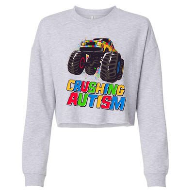 Funny Cool Crushing Autism Puzzle Piece Monster Truck Cropped Pullover Crew