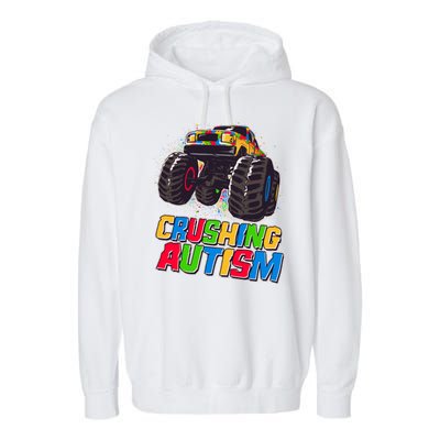 Funny Cool Crushing Autism Puzzle Piece Monster Truck Garment-Dyed Fleece Hoodie