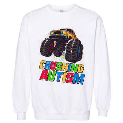 Funny Cool Crushing Autism Puzzle Piece Monster Truck Garment-Dyed Sweatshirt