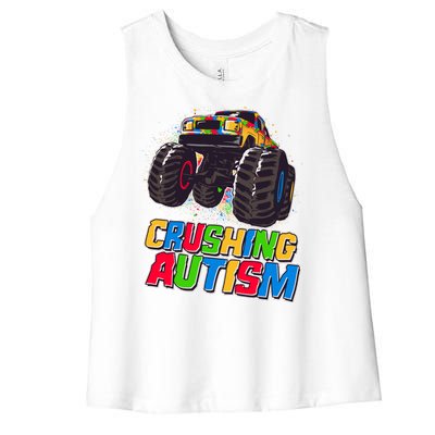 Funny Cool Crushing Autism Puzzle Piece Monster Truck Women's Racerback Cropped Tank