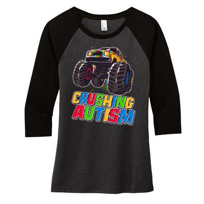 Funny Cool Crushing Autism Puzzle Piece Monster Truck Women's Tri-Blend 3/4-Sleeve Raglan Shirt