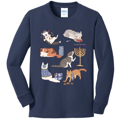 Funny Christmas Cat Menorah Hanukkah Jewish Kids Long Sleeve Shirt