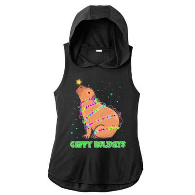 Funny Cute Christmas Cappy Holidays Capybara Ladies PosiCharge Tri-Blend Wicking Draft Hoodie Tank