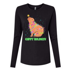 Funny Cute Christmas Cappy Holidays Capybara Womens Cotton Relaxed Long Sleeve T-Shirt