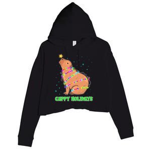 Funny Cute Christmas Cappy Holidays Capybara Crop Fleece Hoodie