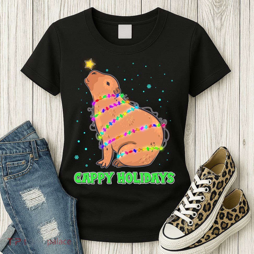 Funny Cute Christmas Cappy Holidays Capybara Womens T-Shirt