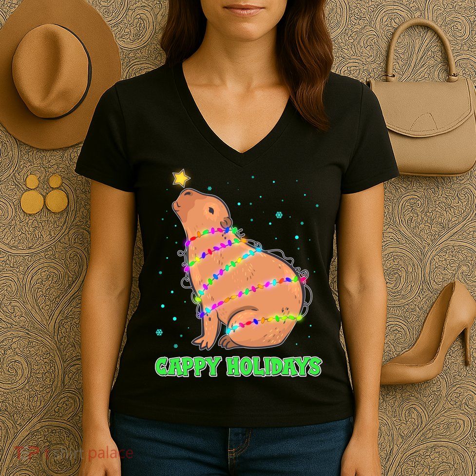 Funny Cute Christmas Cappy Holidays Capybara Women's V-Neck T-Shirt