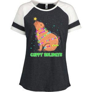 Funny Cute Christmas Cappy Holidays Capybara Enza Ladies Jersey Colorblock Tee