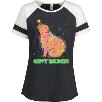 Funny Cute Christmas Cappy Holidays Capybara Enza Ladies Jersey Colorblock Tee