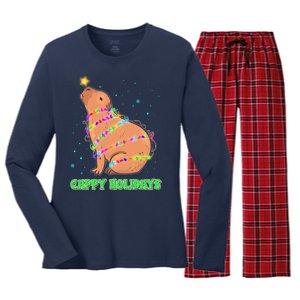 Funny Cute Christmas Cappy Holidays Capybara Women's Long Sleeve Flannel Pajama Set 