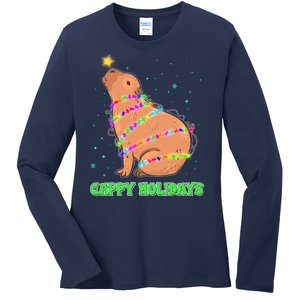 Funny Cute Christmas Cappy Holidays Capybara Ladies Long Sleeve Shirt