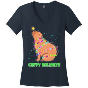 Funny Cute Christmas Cappy Holidays Capybara Women's V-Neck T-Shirt