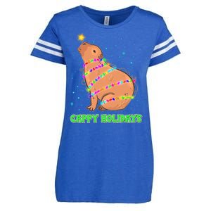 Funny Cute Christmas Cappy Holidays Capybara Enza Ladies Jersey Football T-Shirt