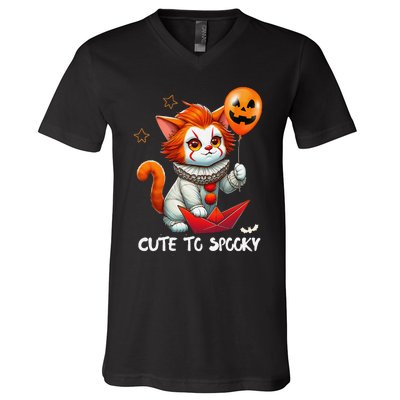 Funny Clown Cute To Spooky Cat Halloween V-Neck T-Shirt