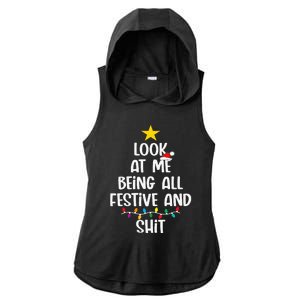 Funny Cat Christmas Look At Me Being All Festive Shit Xmas Ladies PosiCharge Tri-Blend Wicking Draft Hoodie Tank