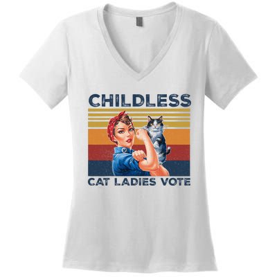 Funny Cat Childless Cat Ladies Vote The Riveter Retro Women's V-Neck T-Shirt