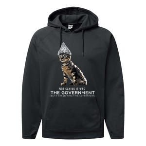 Funny Conspiracy Cat Tin Foil Hat Government Performance Fleece Hoodie