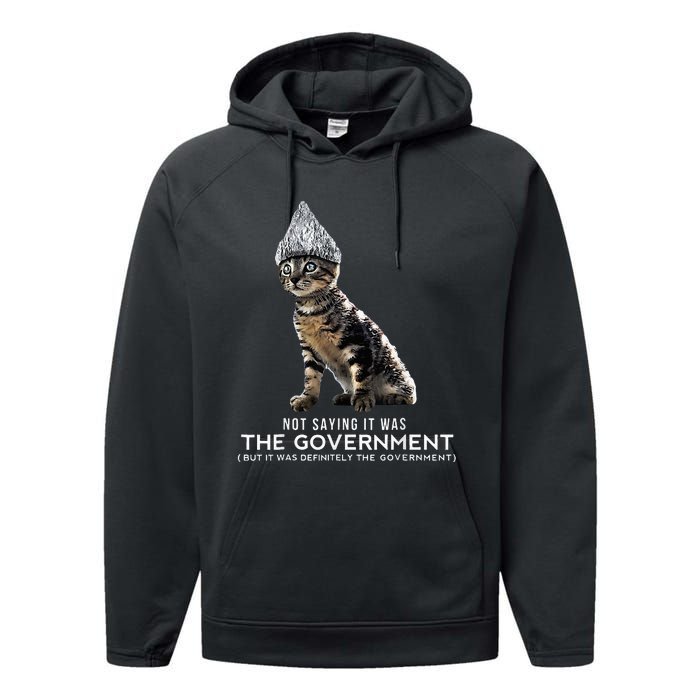 Funny Conspiracy Cat Tin Foil Hat Government Performance Fleece Hoodie