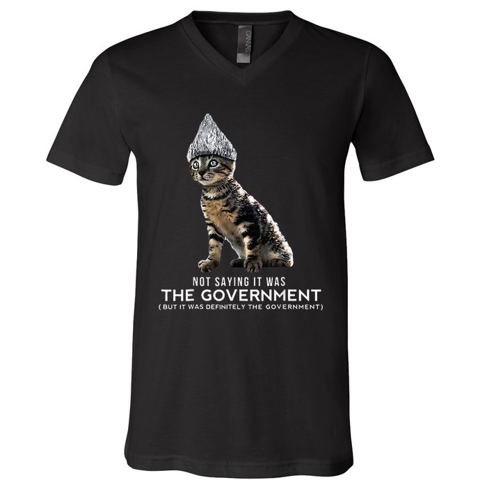 Funny Conspiracy Cat Tin Foil Hat Government V-Neck T-Shirt