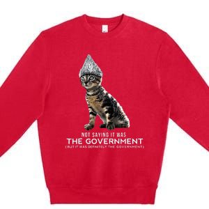 Funny Conspiracy Cat Tin Foil Hat Government Premium Crewneck Sweatshirt