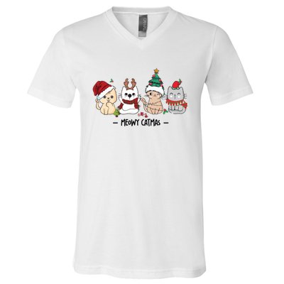 Funny Cute Christmas Cats Matching Family Meowy Catmas V-Neck T-Shirt